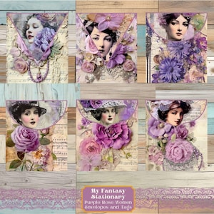 Lila Frauen Junk Journal Tags & Mini Umschlag, Vintage Ephemera, druckbare Papiermodelle, Junk Journal Kit Extras, Scrapbook Verschönerung