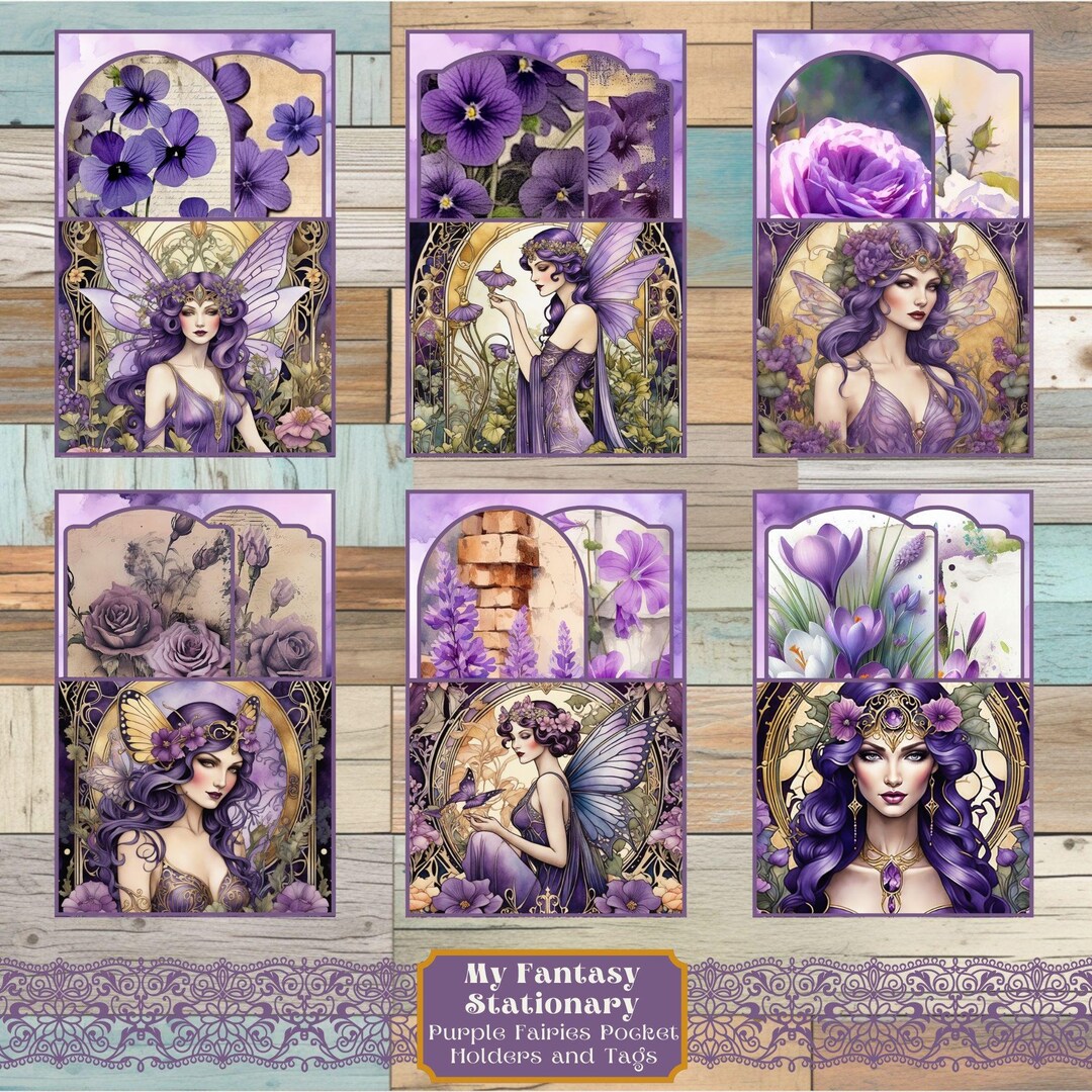 Purple Fairy Printable Pockets and Tags, Junk Journal Ephemera (digital ...