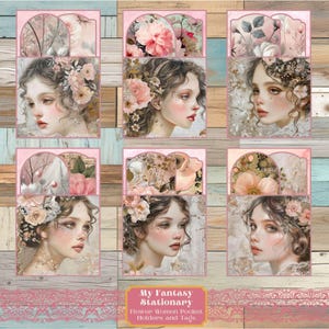 Blumen Frauen Taschen und Tags, Junk Journal Ephemera, geladene Tasche Tags, druckbare Ephemera, Scrapbook Zubehör, Journal Taschen