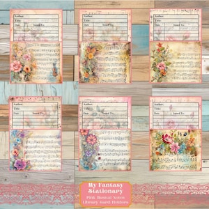 Bibliotheekzakken en -kaarten muzieknoten, geladen zaklabels, vintage ephemera, ongewenste dagboekzakken, vintage versieringen, afdrukbare zakken