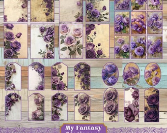 May include: A set of printable journal cards and tags featuring purple roses with vintage-inspired designs. The cards and tags are ideal for scrapbooking, journaling, and other paper crafts.