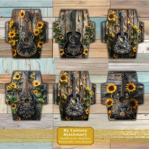 Sobres imprimibles con guitarras de girasol, diario basura imprimible digitalmente, adornos para correo y cartas, kit de papelería de regalo, sobre floral