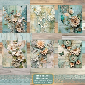 Teal White Flower Junk Journal Tag & Mini Envelope, Vintage Ephemera, Printable Paper Craft, Junk Journal Kit Extra, Scrapbook Embellishment