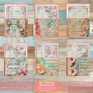 Bolsos e cartões de biblioteca de renda rosa, etiquetas de bolso carregadas, itens vintage, bolso para diário, enfeites vintage, bolso com estampa floral