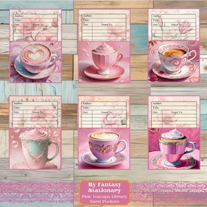Pink Coffee Cups Library Card Holders, Loaded Pocket Tags, Vintage Ephemera, Junk Journal Pockets, Vintage Embellishments, Printable Pockets