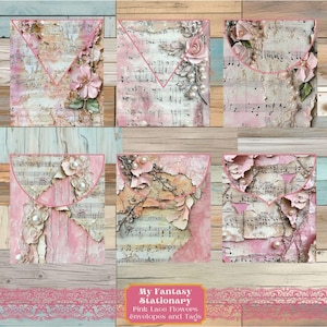 Pink Lace Flowers Junk Journal Tags & Mini Envelopes, Vintage Ephemera, Printable Paper Craft, Junk Journal Kit, Scrapbook Embellishments