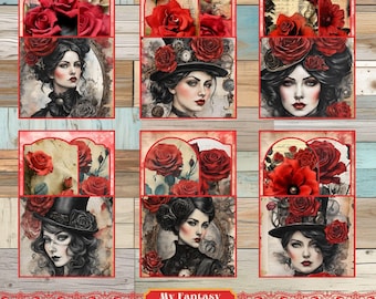 Victorian Women Printable Pockets and Tags, Loaded Pocket Tags, Junk Journal Ephemera (Digital File)