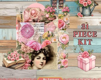 Pink Roses Junk Journal Pockets and Tags, Printable Ephemera (PDF Files)