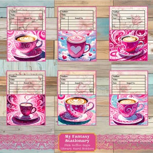 Pink Coffee Cups Library Card Holders, Loaded Pocket Tags, Vintage Ephemera, Junk Journal Pockets, Vintage Embellishments, Printable Pockets