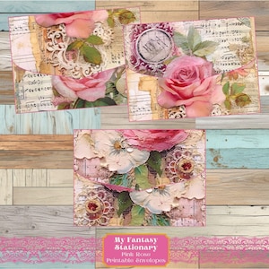 Sobres imprimibles con rosas rosas, diario basura imprimible digitalmente, adornos para correo y cartas, kit de papelería para regalarle a ella, sobres florales