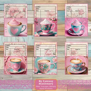 Roze koffiekopjes bibliotheekkaarthouders, geladen zaklabels, vintage ephemera, ongewenste dagboekzakken, vintage versieringen, afdrukbare zakken
