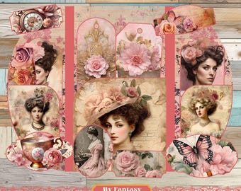 Victorian Women Junk Journal Folio, Floral Ephemera (Printable PDF)