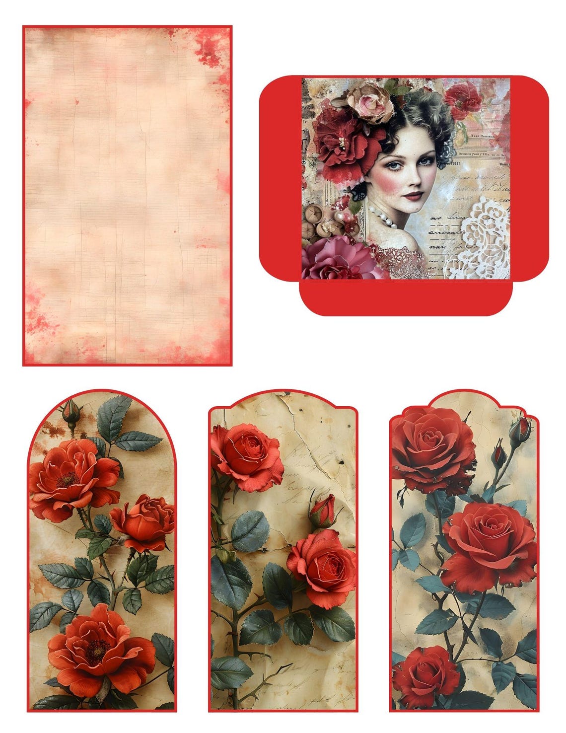 Red Rose Women Printable Pockets and Tags, Junk Journal Ephemera ...