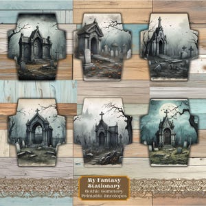 Sobres imprimibles de cementerio gótico, diarios basura imprimibles digitalmente, adornos para cartas y correo, kit de papelería de regalo, sobres góticos