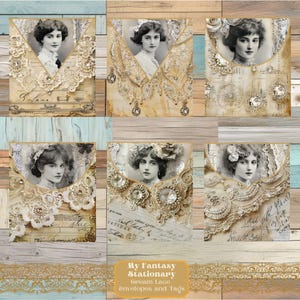Crèmekleurige kanten junk journal-tags en mini-enveloppen, vintage ephemera, afdrukbare papieren ambachten, extra's junk Journal Kit, plakboekversieringen