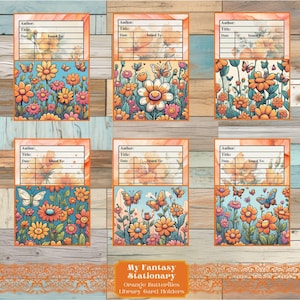 Orange Butterflies Library Card Pockets & Cards, Loaded Pocket Tags, Junk Journal Pockets, Cat Embellishments, Pocket Printable Inserts