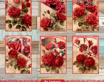Red Roses Printable Pockets and Tags, Junk Journal Ephemera (Digital Download)