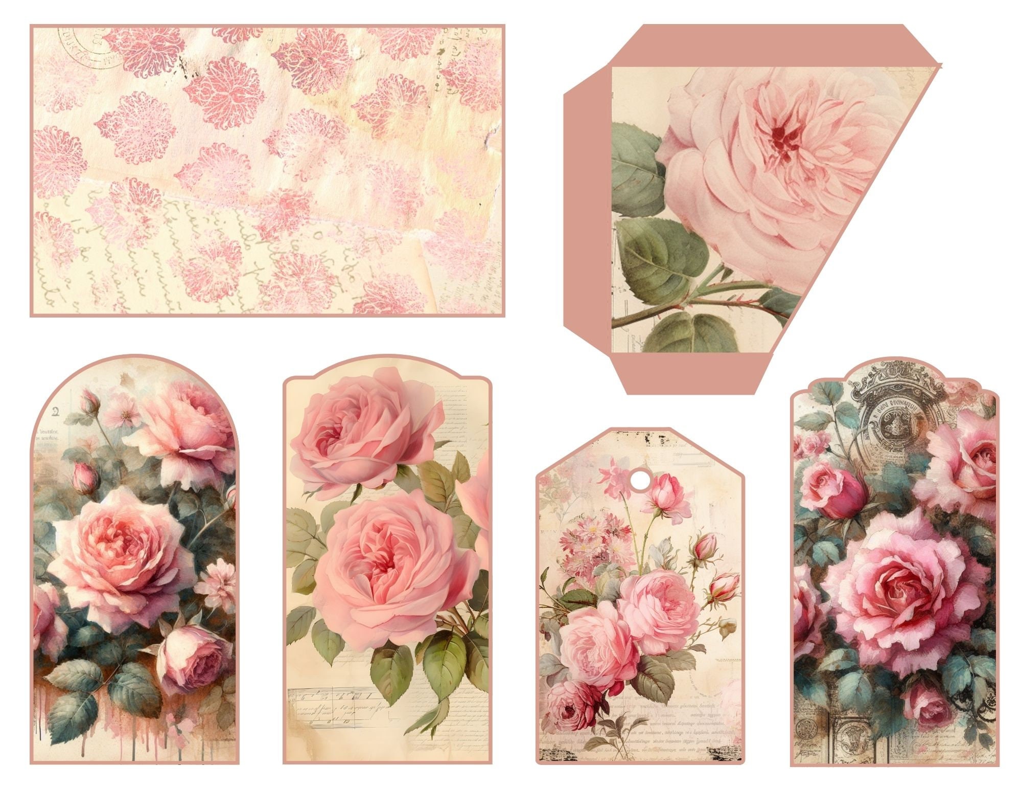 Pink Roses With Tag Pink Roses Printable Pockets and Tags, Loaded Pocket Tags, Junk Journal ...