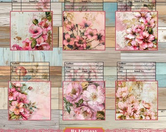 Pink Flowers Library Card Printable, Vintage Ephemera Pockets (Digital Download)