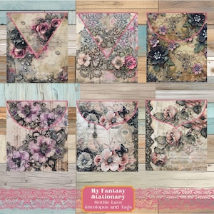 Etiquetas e mini envelopes para diário de renda gótica, itens vintage, artesanato em papel para impressão, extras para kit de diário de sucata, enfeites para scrapbook