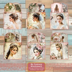 Vintage Brides tasca e tag stampabili, materiale effimero per diario spazzatura, tag tascabili caricati, materiale effimero stampabile, forniture per album, tasche per diario