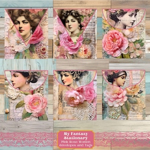 Rosa Rose Frauen Junk Journal Tags & Mini Umschlag, Vintage Ephemera, druckbare Papiermodelle, Junk Journal Kit Extras, Scrapbook Verschönerung