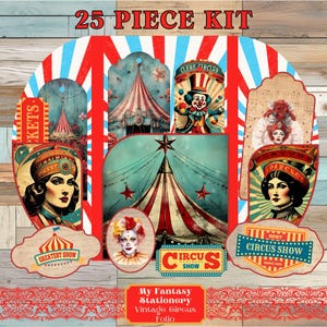 May include: A 25-piece kit featuring vintage circus-themed ephemera. The design includes illustrations of circus tents, performers, and text elements like "Greatest Show" and "Circus Show." The color palette is dominated by red, blue, and beige.