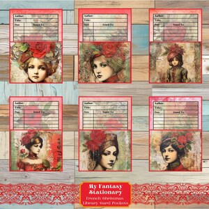 Französische Weihnachtsbibliothek Tasche & Karte, geladener Taschenanhänger, Floral Ephemera, Junk-Journal-Tasche, Rosenverzierung, druckbarer Tascheneinsatz