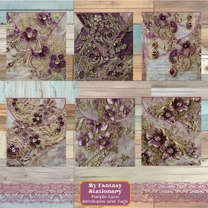 Purple Lace Junk Journal Tags & Mini Envelopes, Vintage Ephemera, Printable Paper Crafts, Junk Journal Kit Extras, Scrapbook Embellishments