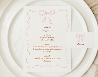 Hand-drawn Bow Squiggle Menu & Placecard Template, DIY Brunch Invitation, Hand-drawn Bow, Minimalistic Valentine Menu Name Cards Canva