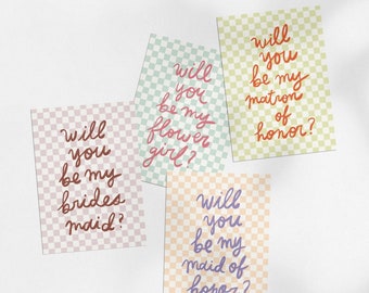 BRIDESMAID & MAID of HONOR Proposal Cards, Checkerboard, Be My Bridesmaid, Digital Download Printable Wedding Stationery, Canva Template
