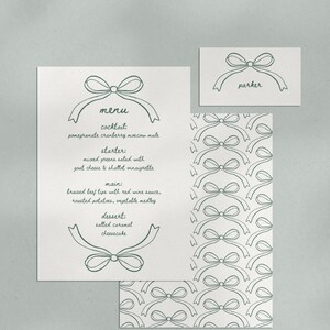 Modello menu e segnaposto con fiocco, menu brunch fai da te con fiocco, menu di nozze, fiocco disegnato a mano, carte neutre estetiche minimaliste Canva
