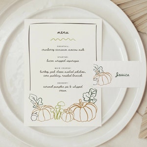 Pacchetto di menu e segnaposto per il Ringraziamento, modello di menu botanico con zucca, segnaposto per il menu del Ringraziamento, modello di menu modificabile Canva