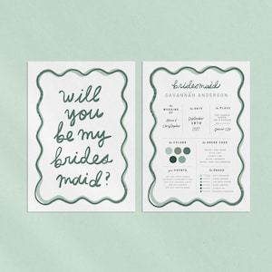 hand-drawn wavy squiggle border bridesmaid & maid of honor, flower girl proposal card with coordinating info cards, editable canva template, printable wedding stationery