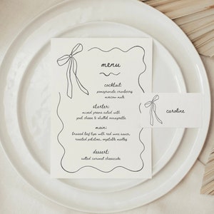 Striklint kronkelende menu- en plaatskaartsjabloon, DIY-strikje brunchmenu, handgetekende strik, minimalistisch esthetisch neutraal kaarten canvas
