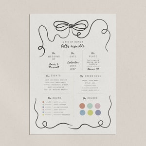 CARTÕES INFORMATIVOS PARA DAMAS DE HONRA, Modelo de cartão informativo com laços em espiral, Papelaria para casamento para impressão digital, Dama de honra, Modelo Canva 5x7