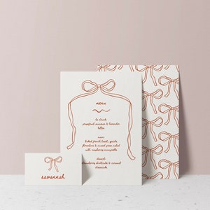 Galentine's strik Menu- en plaatskaartsjabloon, afdrukbaar brunchmenu DIY, handgetekende lint, minimalistische valentijnskaarten Canva