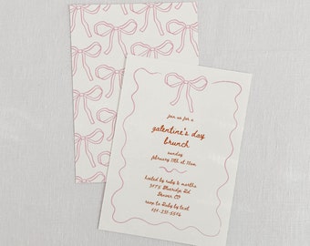 Galentine's Bow Squiggle Invite Template, DIY Valentine's Brunch Invitation, Hand-drawn Bow, Minimalistic Pink Printable Invitation Canva