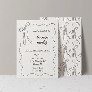 Modelo de convite com rabiscos de fita de laço, convite para brunch de festa de aniversário faça você mesmo, laço ilustrado, convite minimalista neutro para impressão Canva