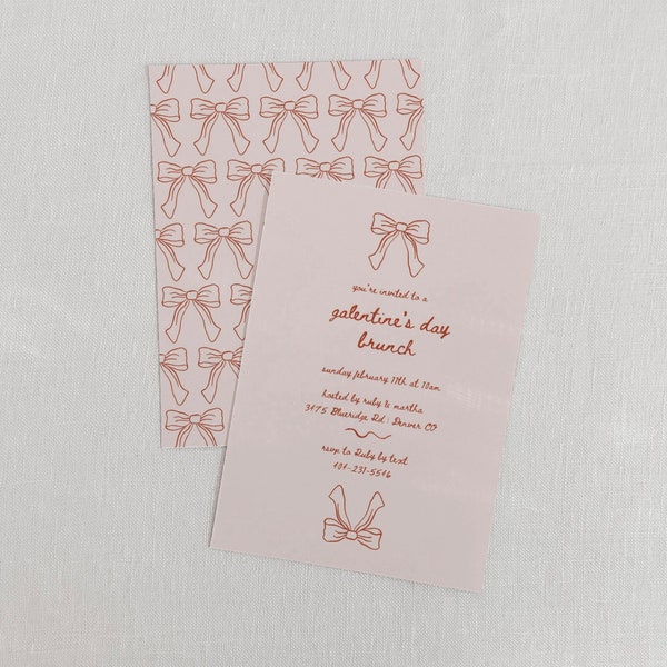 Galentine's Sweet Bow Invite Template, DIY Valentine's Brunch Invitation, Hand-drawn Ribbon, Minimalistic Pink Aesthetic Invitation Canva