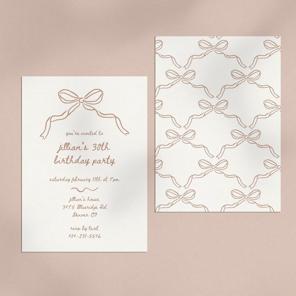Handgetekende striklint uitnodigingssjabloon, DIY verjaardagsfeestbrunchuitnodiging, geïllustreerde strik, minimalistische roze afdrukbare uitnodiging Canva