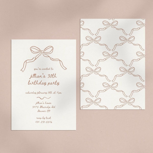 Hand-drawn Bow Ribbon Invite Template, DIY Birthday Party Brunch Invitation, Illustrated Bow, Minimalistic Pink Printable Invitation Canva