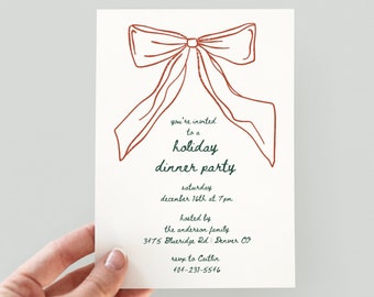 Big Bow Invitation Template, DIY Holiday Party Invitation, Hand-drawn Ribbon, Minimalistic Bow Aesthetic Christmas DIY Invitation Canva