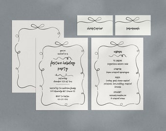 Ribbon Bow Invite Menu & Placecard Template, DIY Dinner Party Invitation, Hand-drawn Ribbon, Minimalistic Aesthetic Holiday Invitation Canva