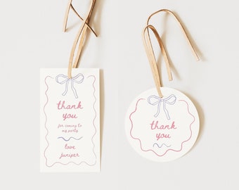 Party Favor Tags - Bow Ribbon Squiggle Template, DIY Printable Gift Tags, Thank You for Coming Party Tag, Editable in Canva, Custom Tag