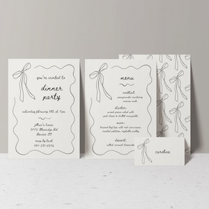 Squiggle Ribbon Bow Invite Menü & Tischkarte Vorlage, DIY Dinner Party Geburtstagseinladung, Handgezeichnetes Band, Minimalistische Vorlage Canva