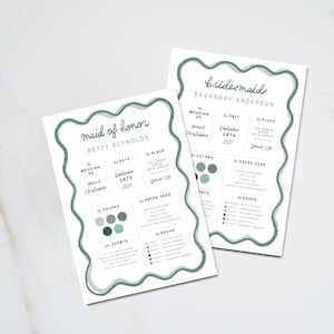 BRAUTJUNGFER INFO-KARTEN, gewellte bearbeitbare Info-Kartenvorlage, digitaler Download druckbare Hochzeitseinladung, Trauzeugin, Canva-Vorlage 5x7