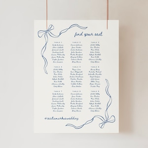 PLANO DE ASIENTOS Señalización de recepción con cinta y lazo, plano de mesas de boda imprimible, letrero personalizado editable, plantilla de Canva, letrero "Encuentre su asiento"