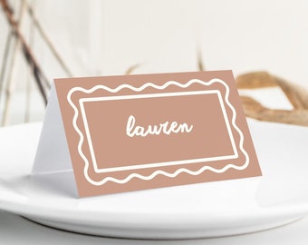 PLACE CARDS Simple Wave Border, Minimal Modern Printable Placecards, Editable Wedding Stationary, Canva Template, Folded & Flat Place Cards