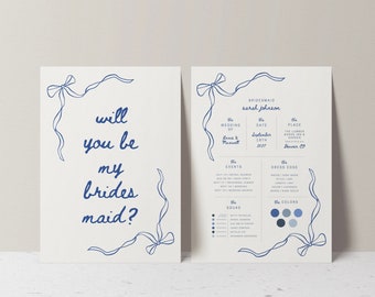 BRIDESMAID Proposal & INFO CARDS Corner Bow Border, Be My Bridesmaid Card, Digital Download Printable Wedding Stationery, Canva Template